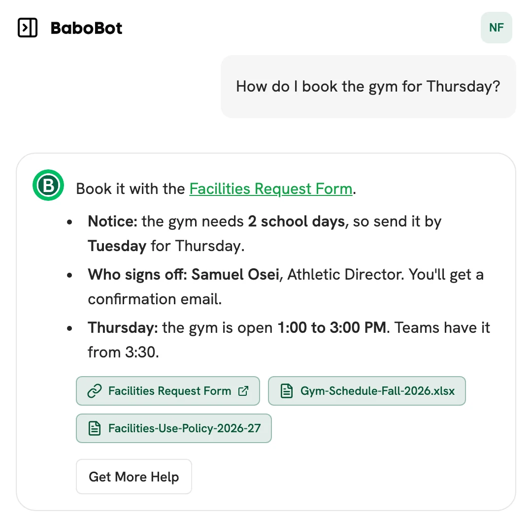 A teacher asks the Community Portal how to book the gym for Thursday. BaboBot links the Facilities Request Form, gives the notice period, who signs off and Thursday's open hours, and cites the gym schedule and the facilities policy.