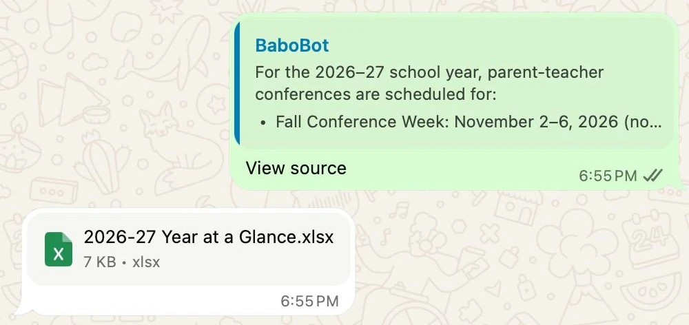 In WhatsApp, a parent taps View source under BaboBot's answer, and BaboBot sends the school's 2026-27 Year at a Glance file in the chat.